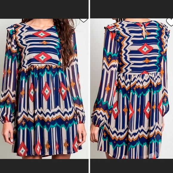 Umgee Dresses & Skirts - Boho Aztec Umgee Dress Large Ruffle Long Sleeve